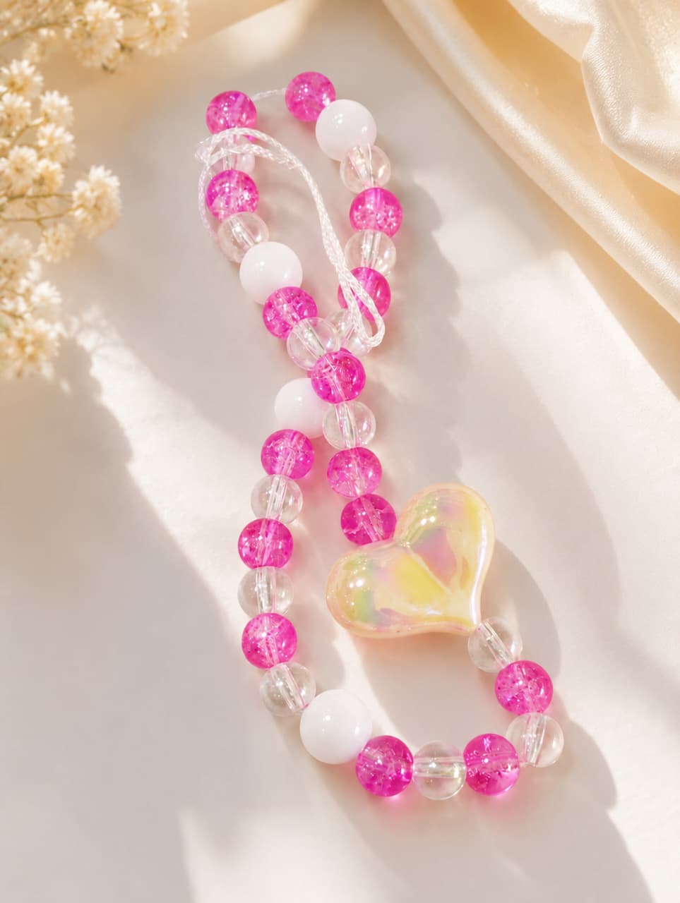 Pink & Clear Crackle Beaded Heart Charm Bracelet