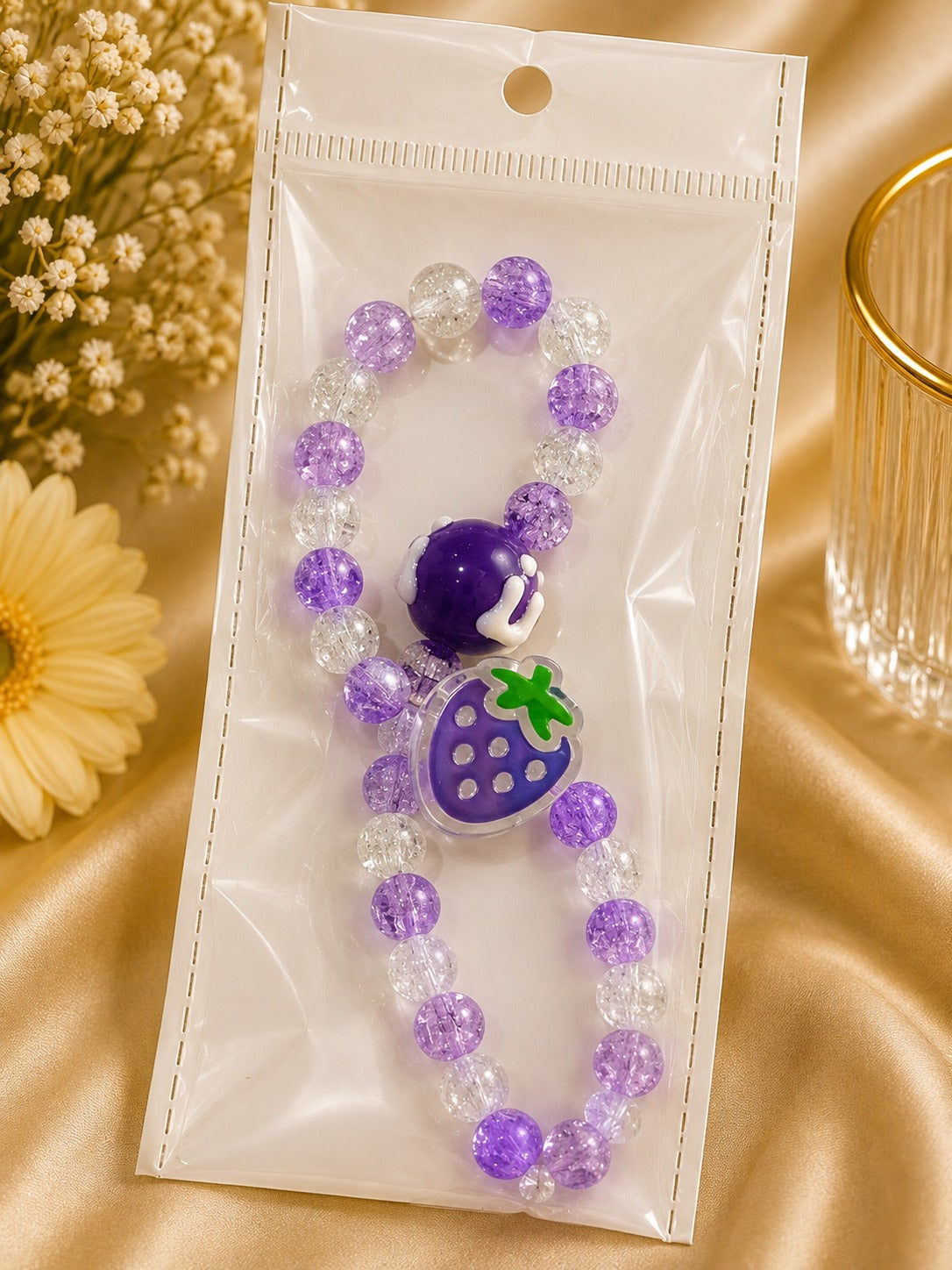 Purple & Clear Crackle Beaded Charm Bracelet